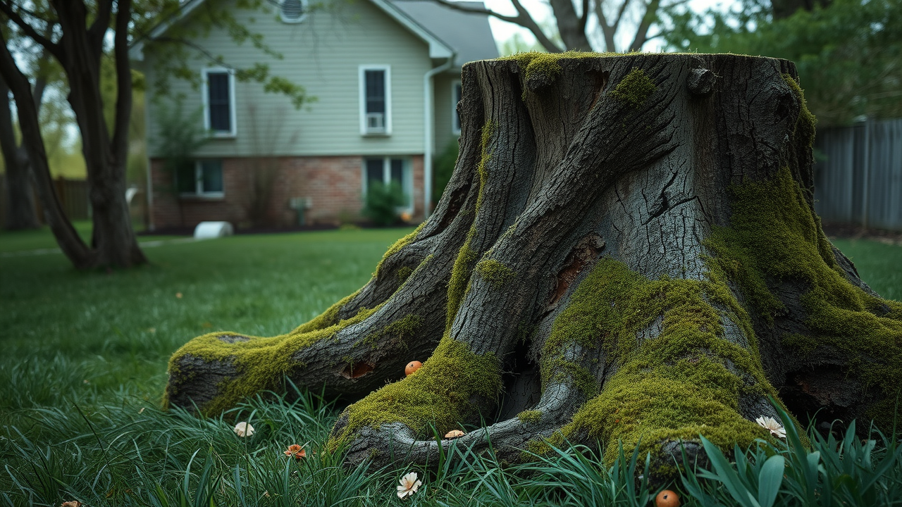 overgrown backyard with visible tree stumps, showing unkempt grass, moss, pests, and faded curb appeal at a suburban Michigan home