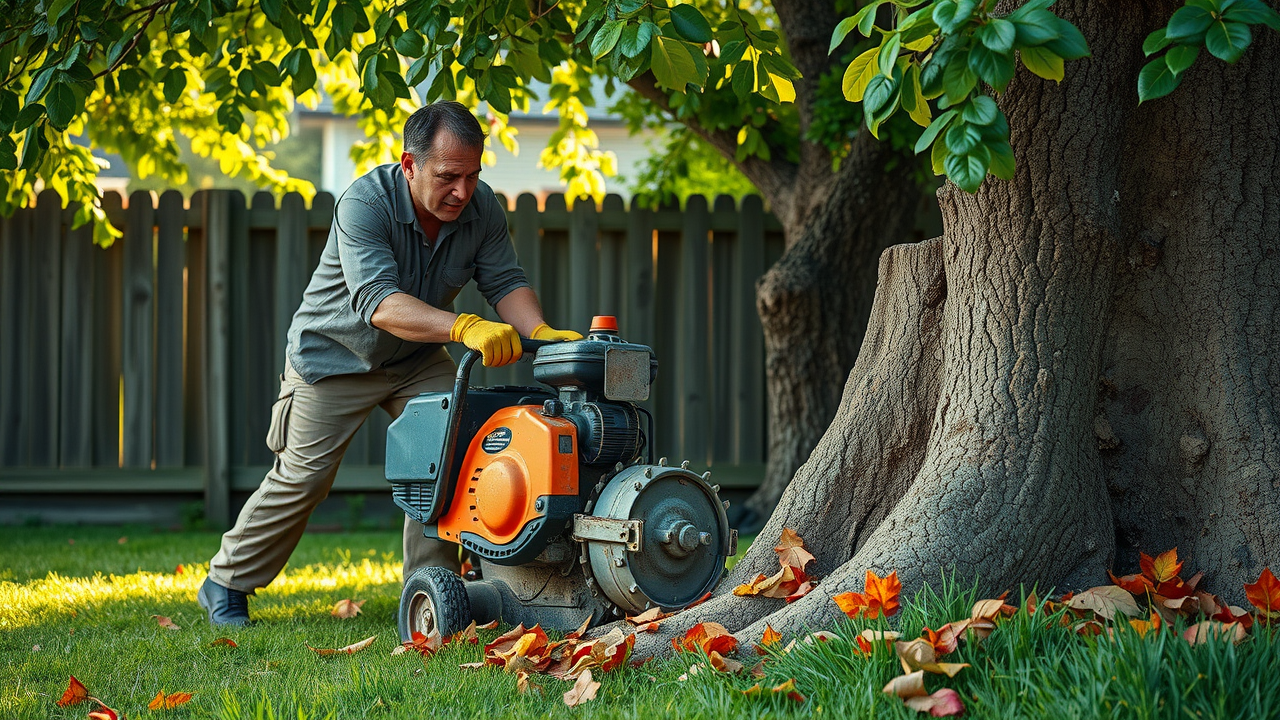 homeowner struggling with small rented stump grinder in plain Ortonville backyard, struggling to remove a large tree stump