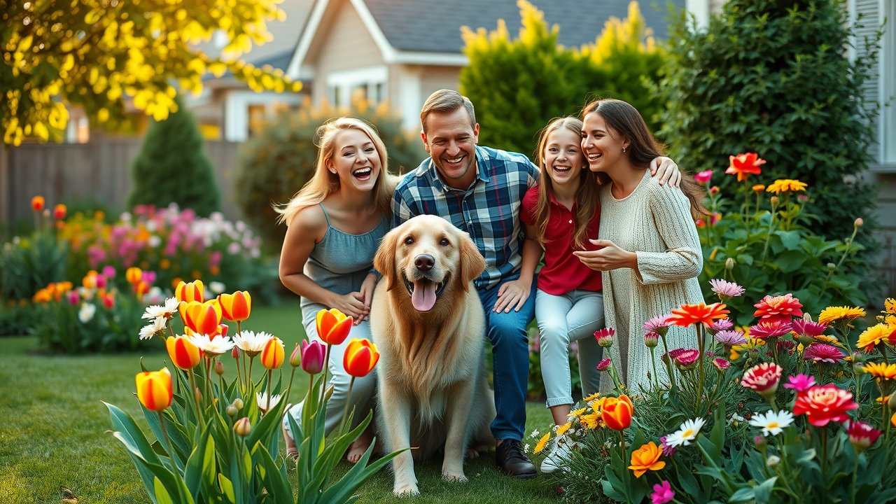 vibrant revitalized backyard in Ortonville Michigan after stump grinding, family and pets playing, lush landscaping and open grass