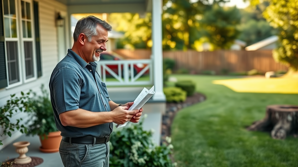 professional estimator discussing stump grinding cost with Ortonville, MI homeowner in a sunny front yard