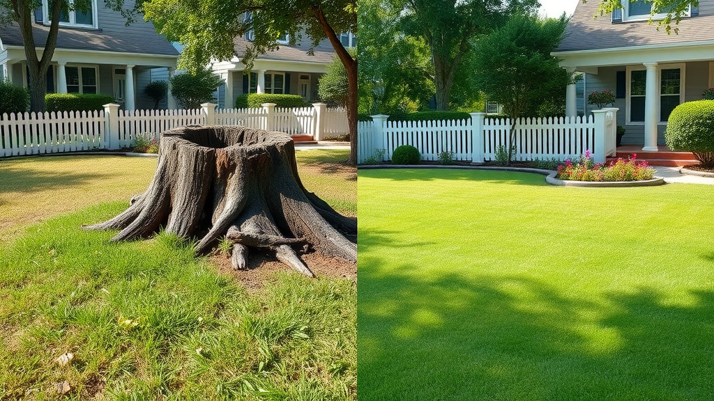 Before and after stump removal services near Clarkston, transformed lawn.